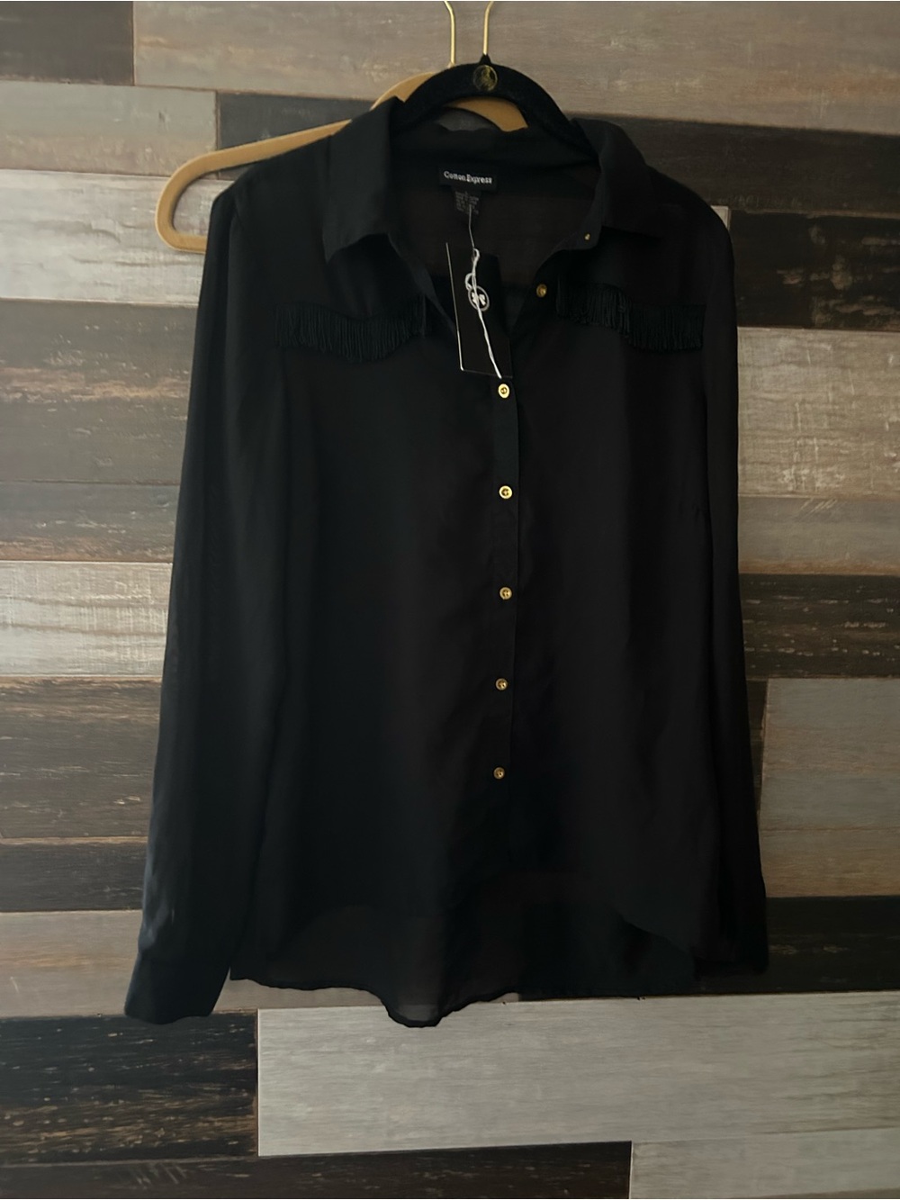 Cotton Express Ashley Mason  Black Button-Front Long Sleeve Fringe top size L
